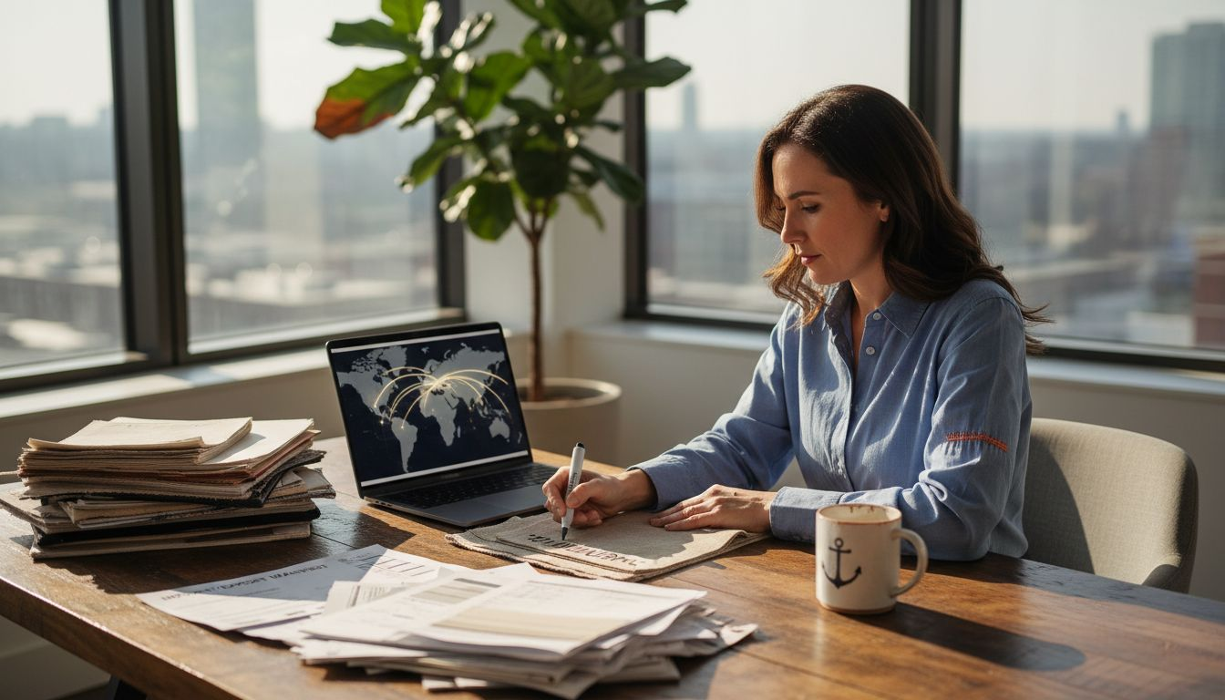 Small business owner tracking global fabric orders