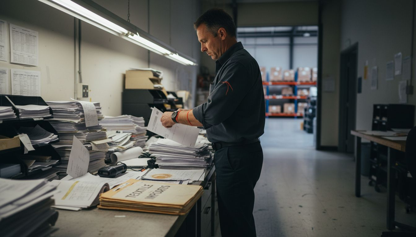 Logistics worker sorting fabric customs documents
