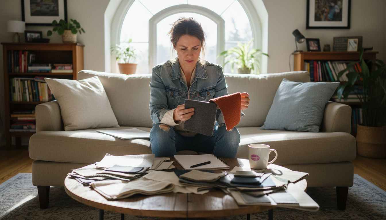 Woman comparing sofa upholstery fabric samples