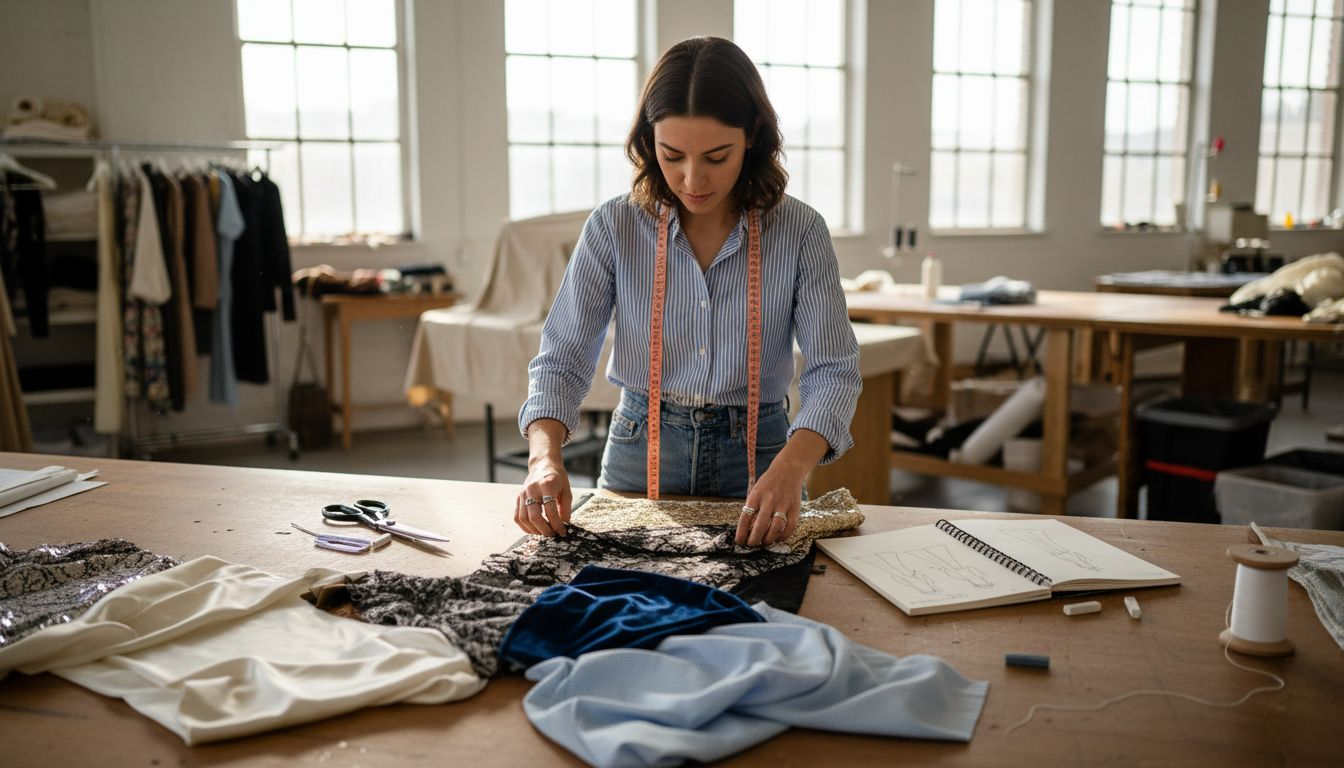 Dress designer sorts fabric samples in bright studio
