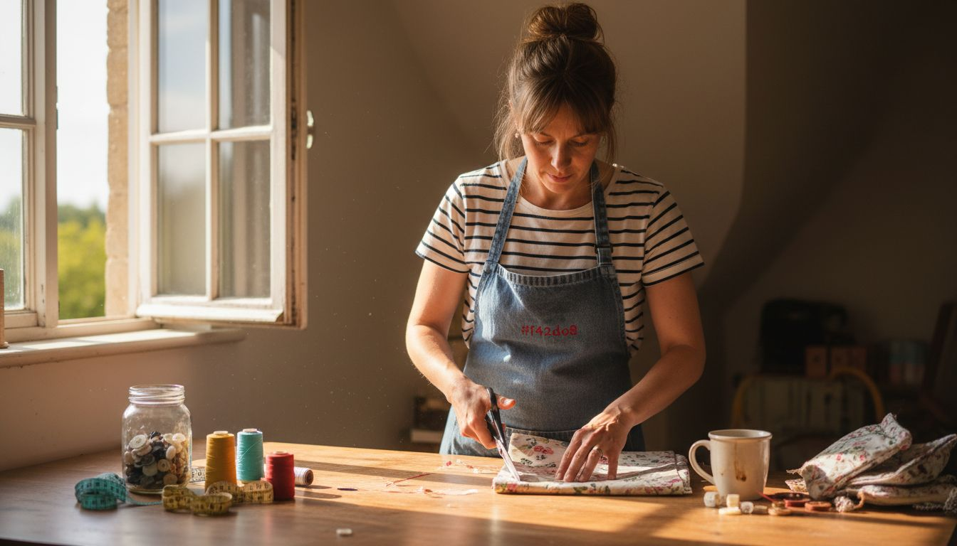 Woman cutting laminated fabric at craft table