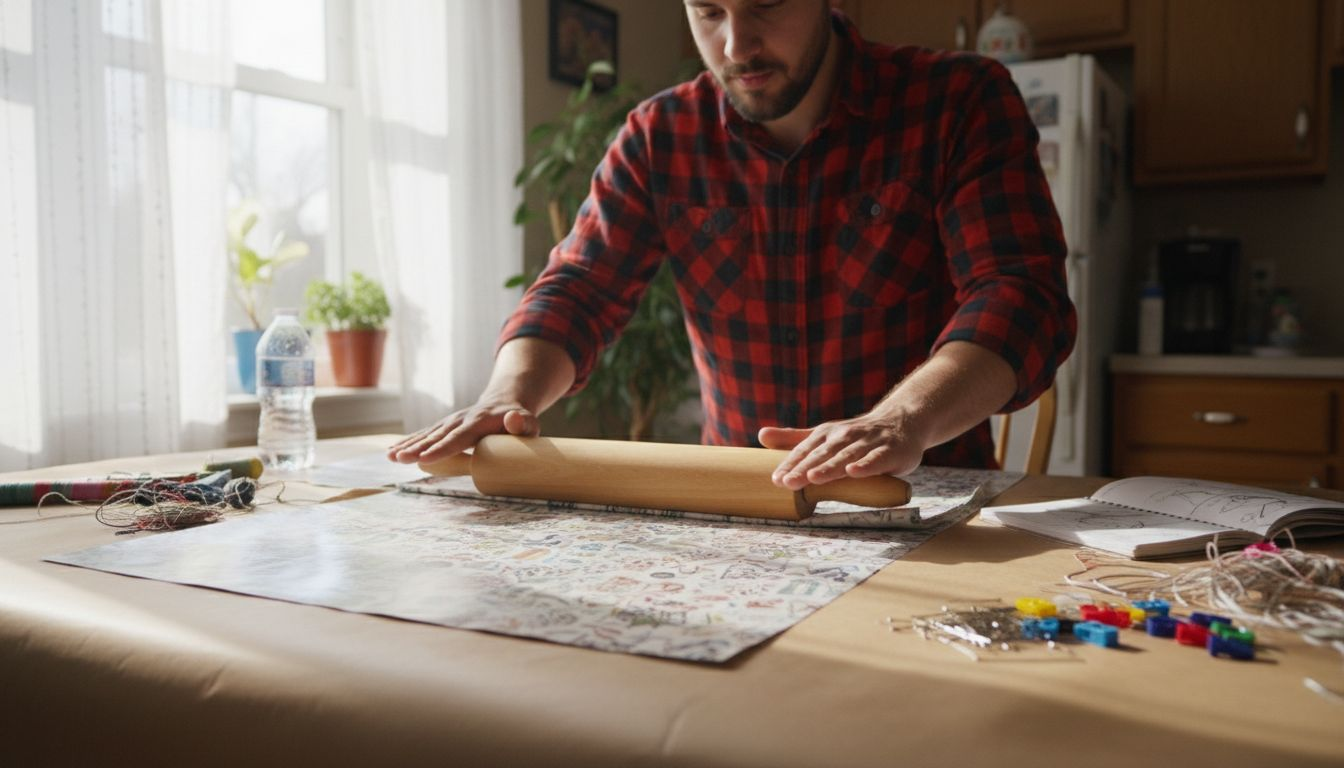 Man smoothing out laminated cotton fabric