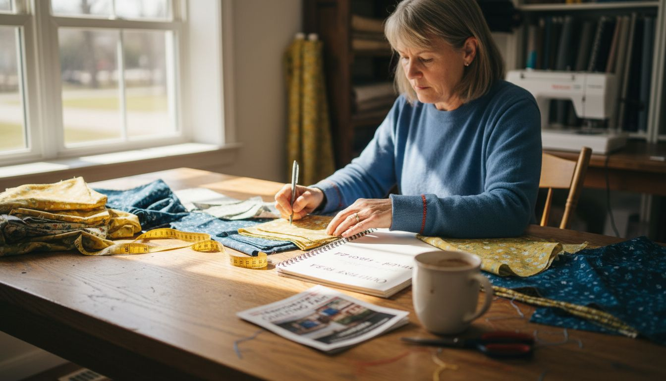 Woman comparing textile samples at craft table