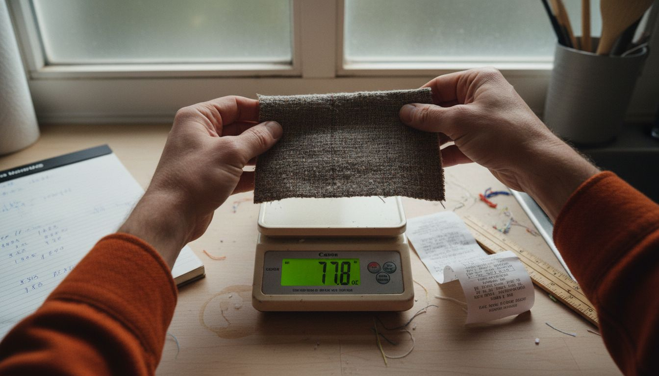 Hands measuring fabric weight on kitchen scale