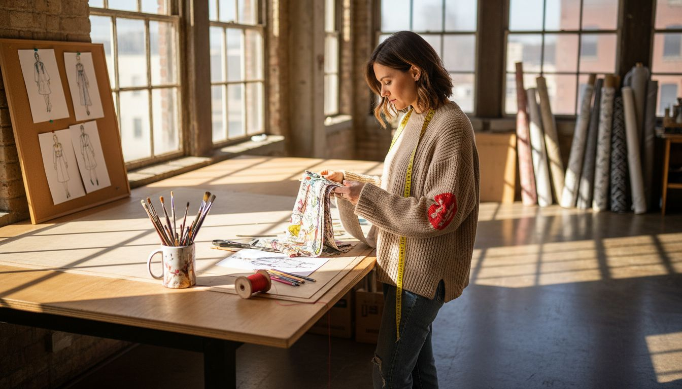 Designer reviewing colorful apparel print samples