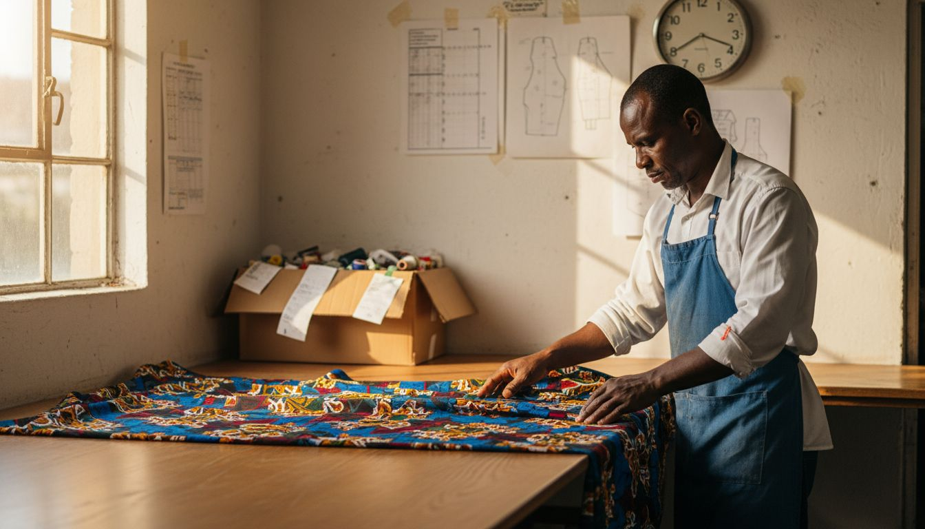Worker arranging African wax print fabrics