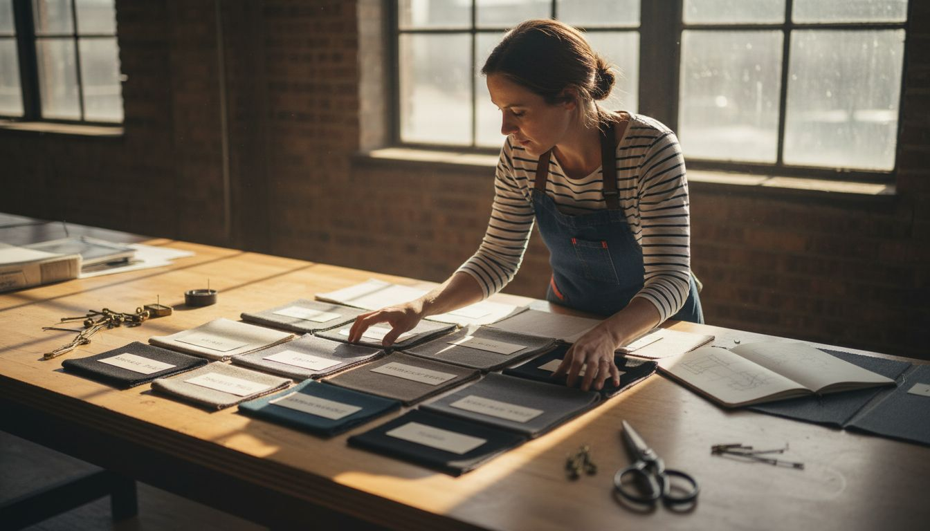 Assorted twill fabric swatches in sewing studio scene