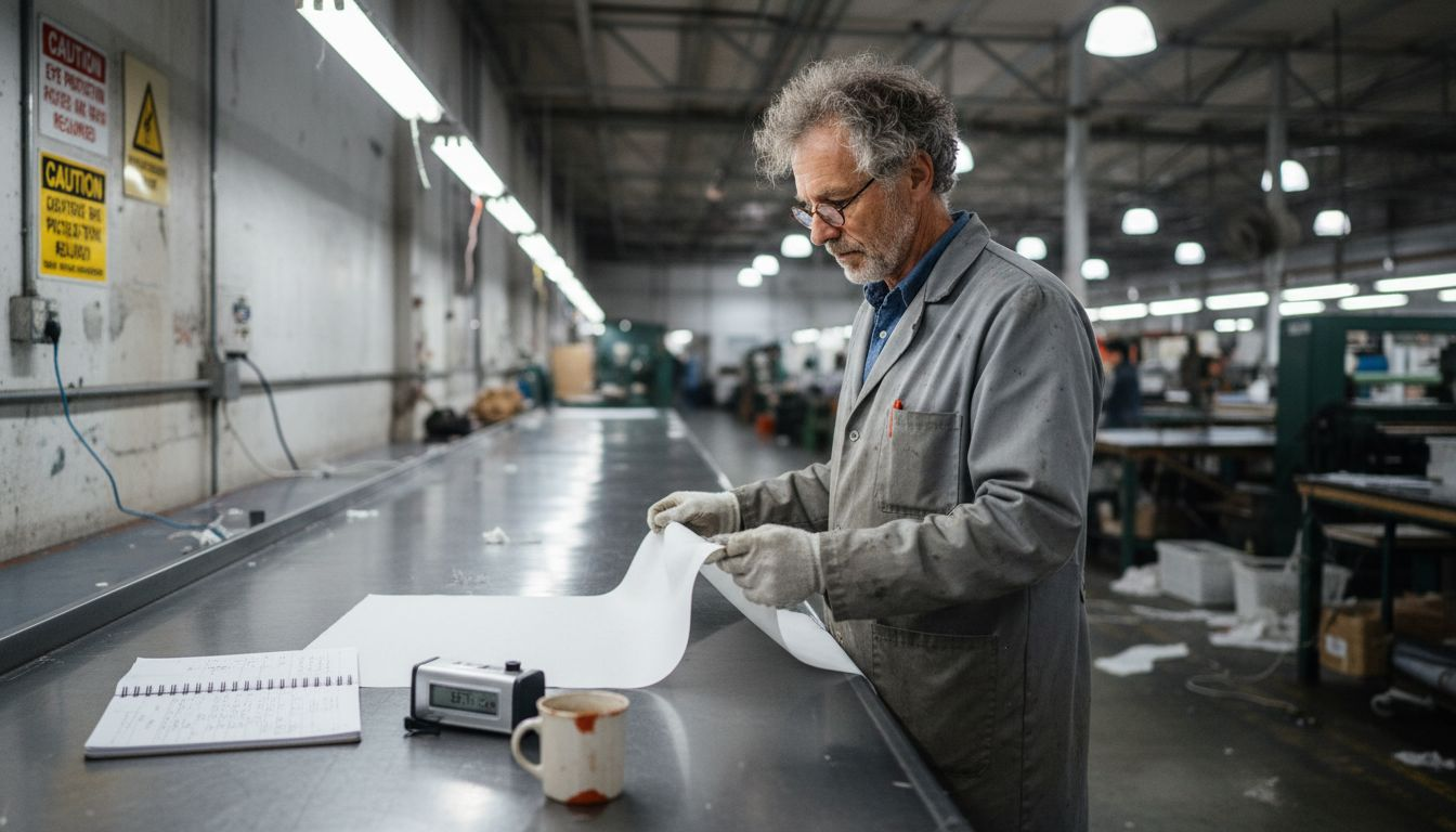 Textile engineer inspecting synthetic fabric roll