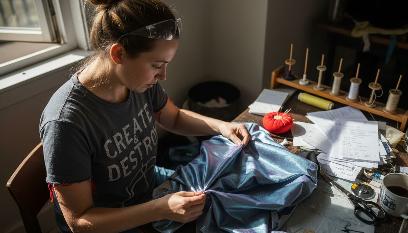 Craftsperson inspecting polyester textile texture