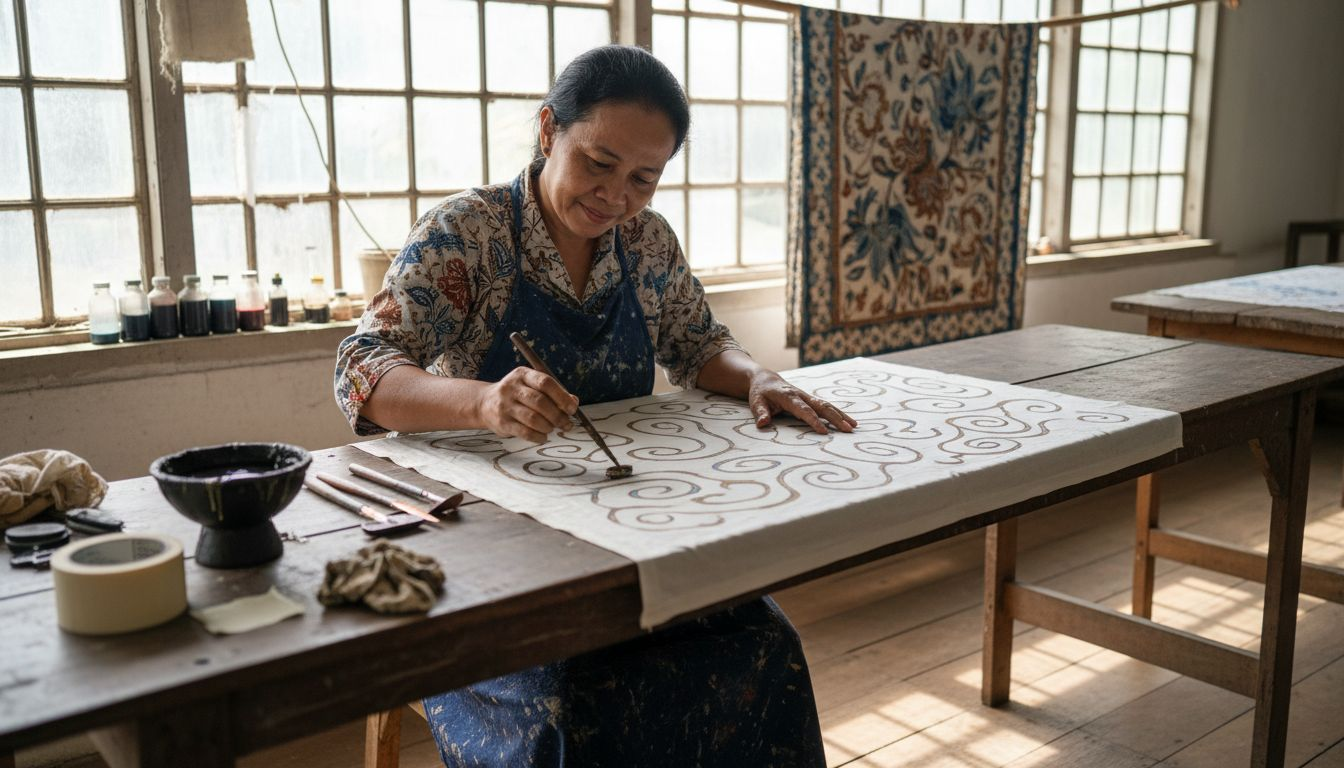 Indonesian batik artisan working in studio