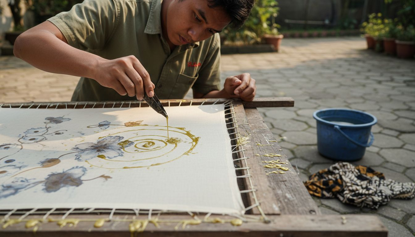 Wax and dye applied to batik fabric outdoors