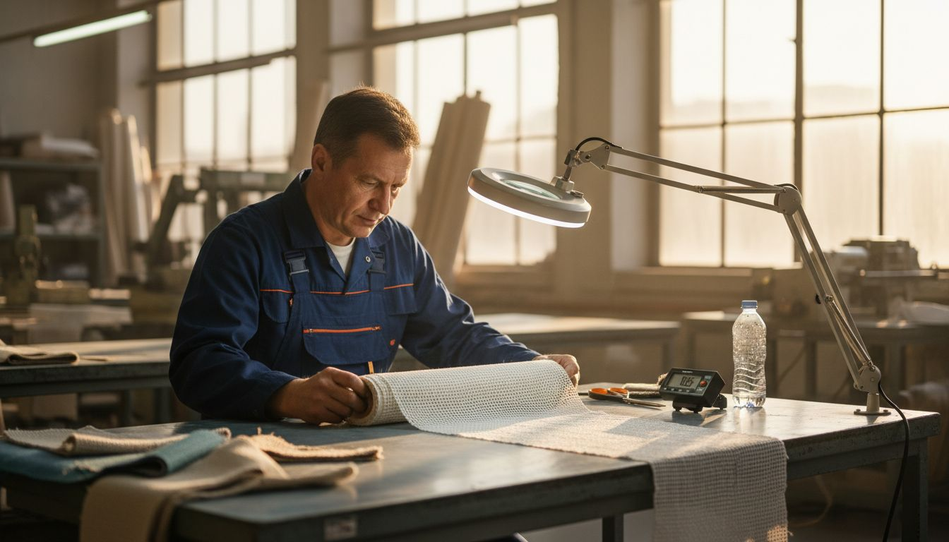 Technician inspecting technical textile in factory