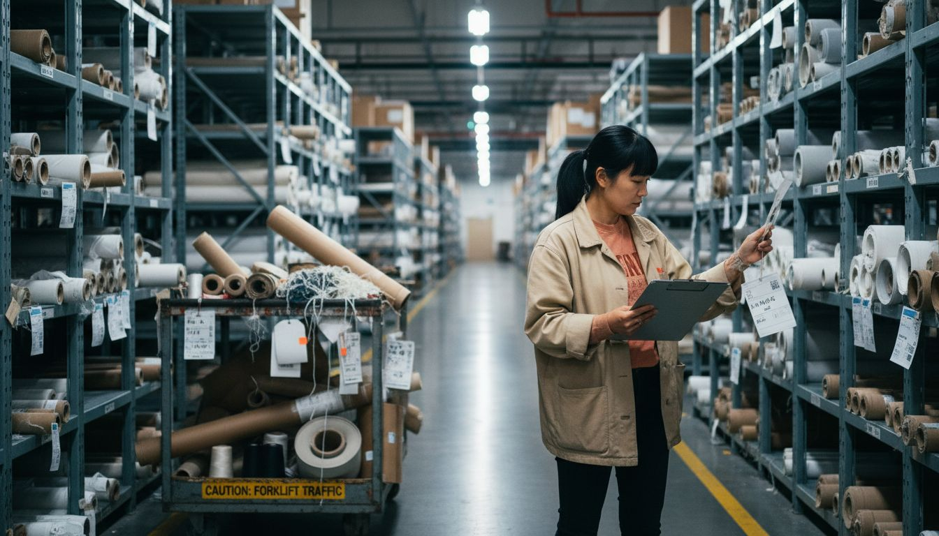 Textile auditor reviewing certification in warehouse