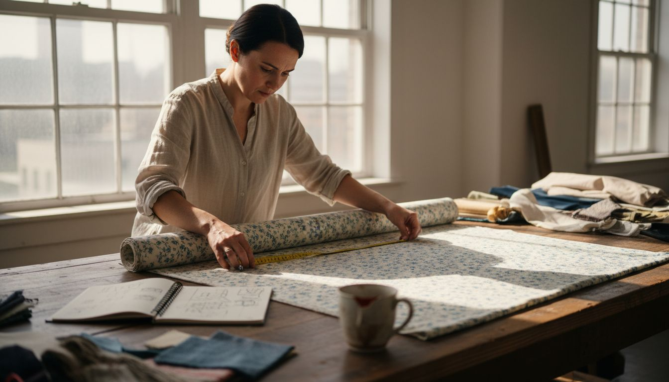 Designer measuring fabric pattern repeats