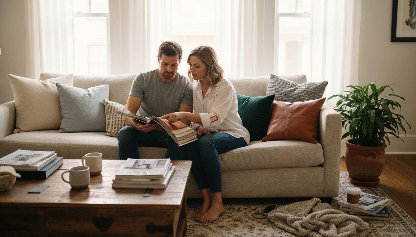 Couple choosing sofa fabrics in bright living room