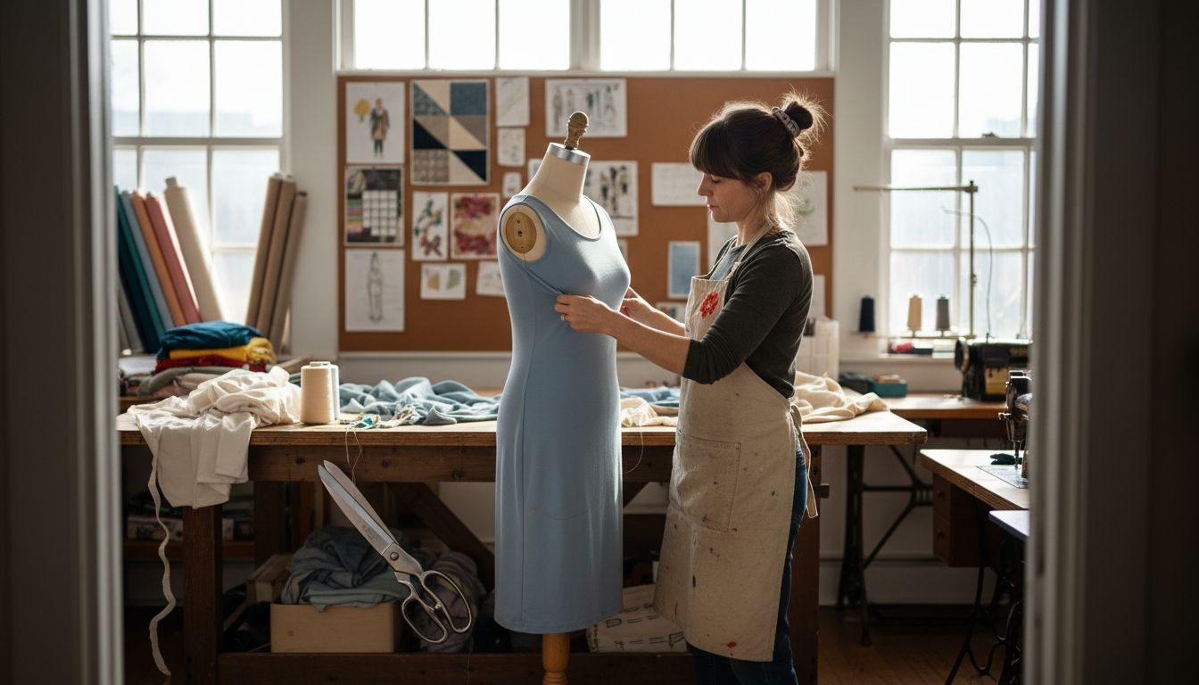 Sewing studio scene with jersey knit fabric