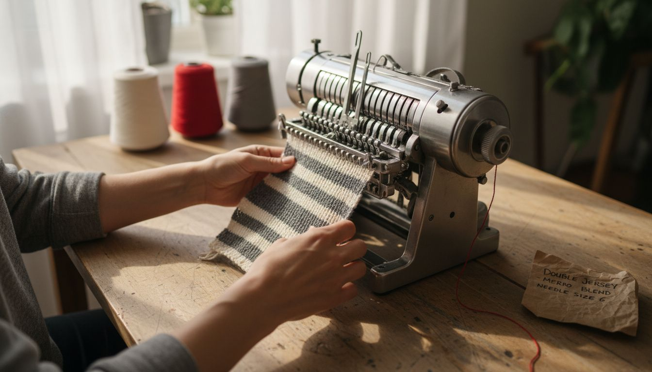 Hands creating double jersey knit fabric