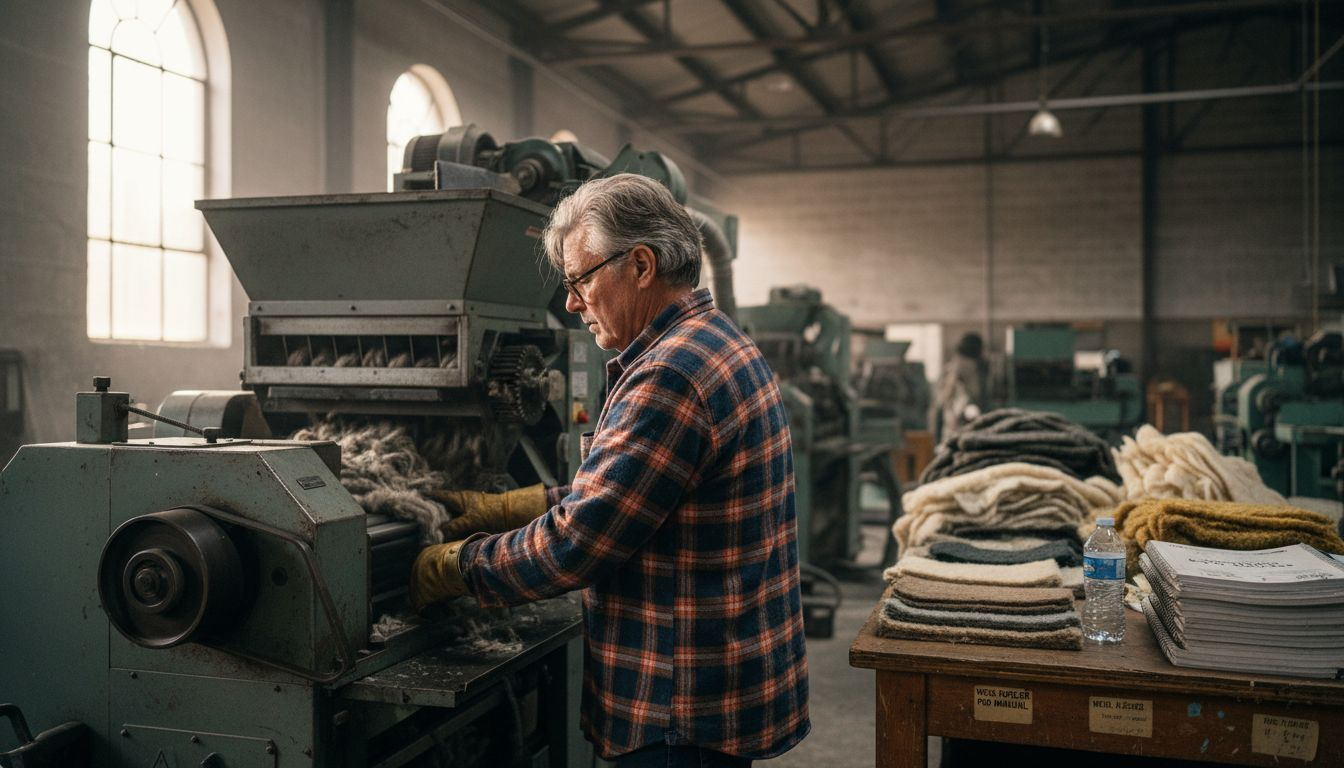Factory worker at wool recycling machine
