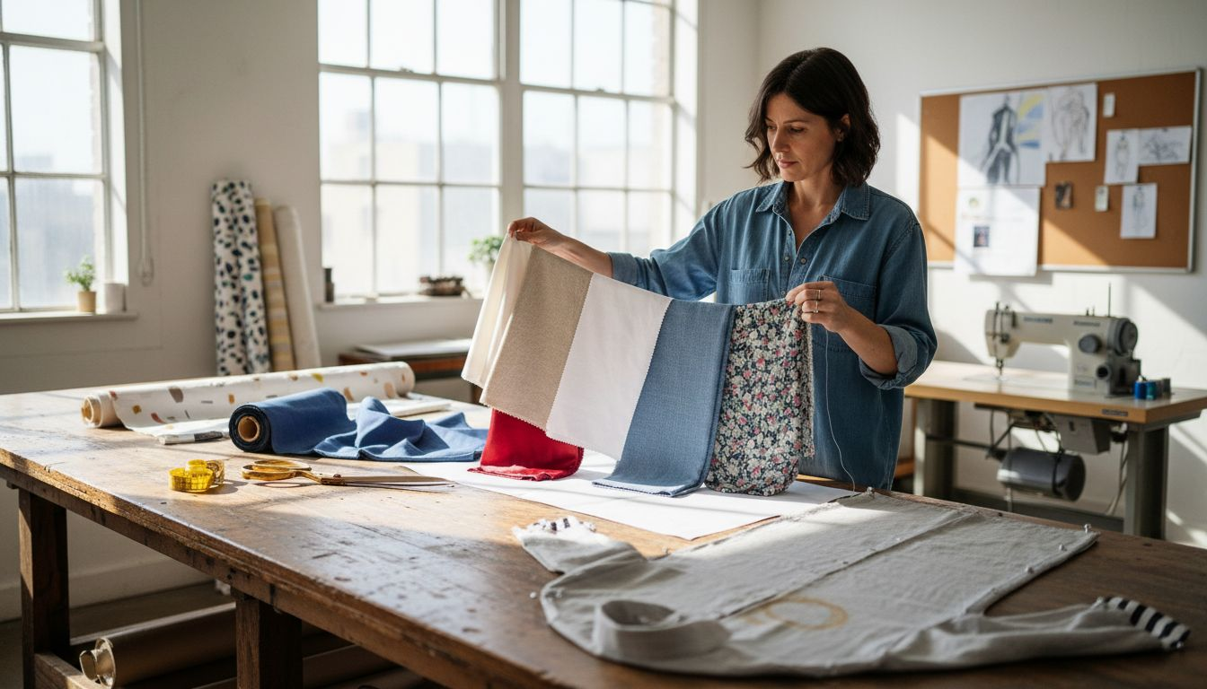 Designer comparing shirt fabric swatches at worktable