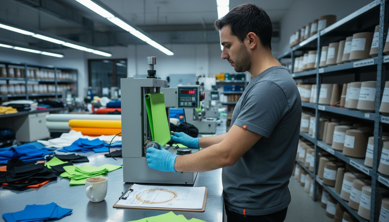 Testing stretch of polyester fabric in lab