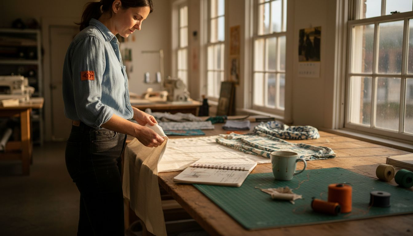 Designer examining cotton fabric on worktable