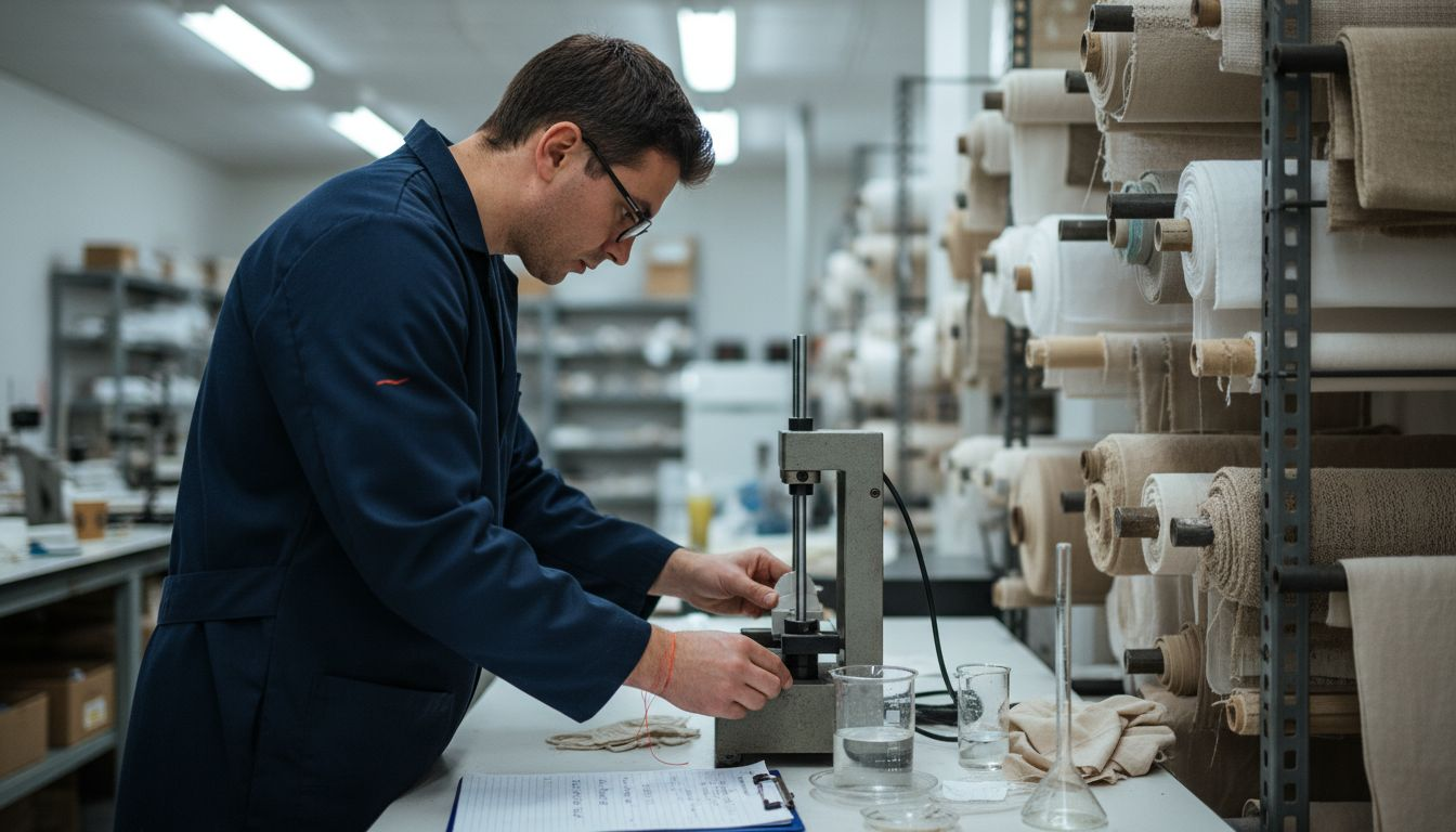 Technician testing textiles in cotton lab