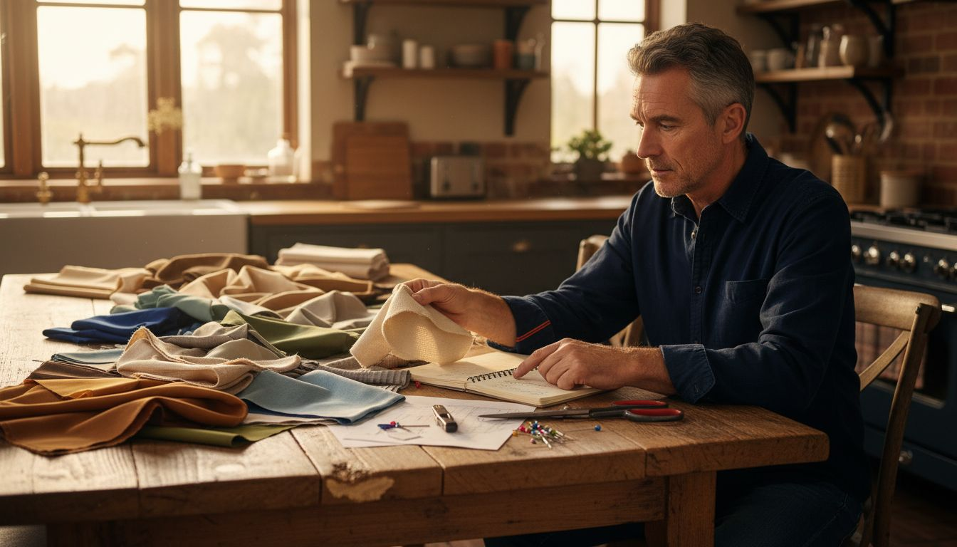 Choosing fabrics and sewing supplies at table