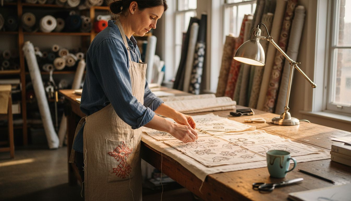 Designer arranging motif sketches in sunlit studio