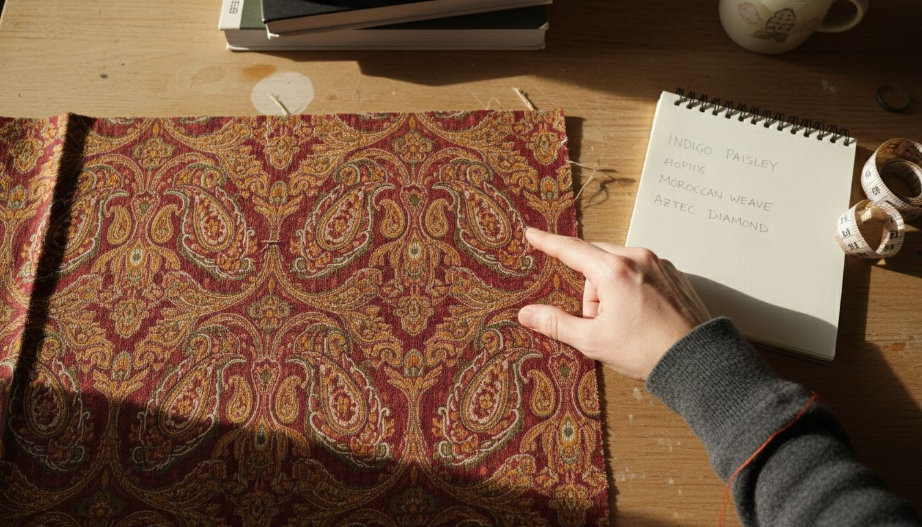 Hand pointing to paisley motif on fabric