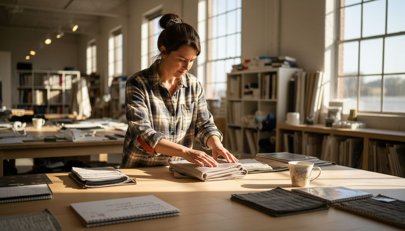 Designer reviewing interlock knit fabric samples