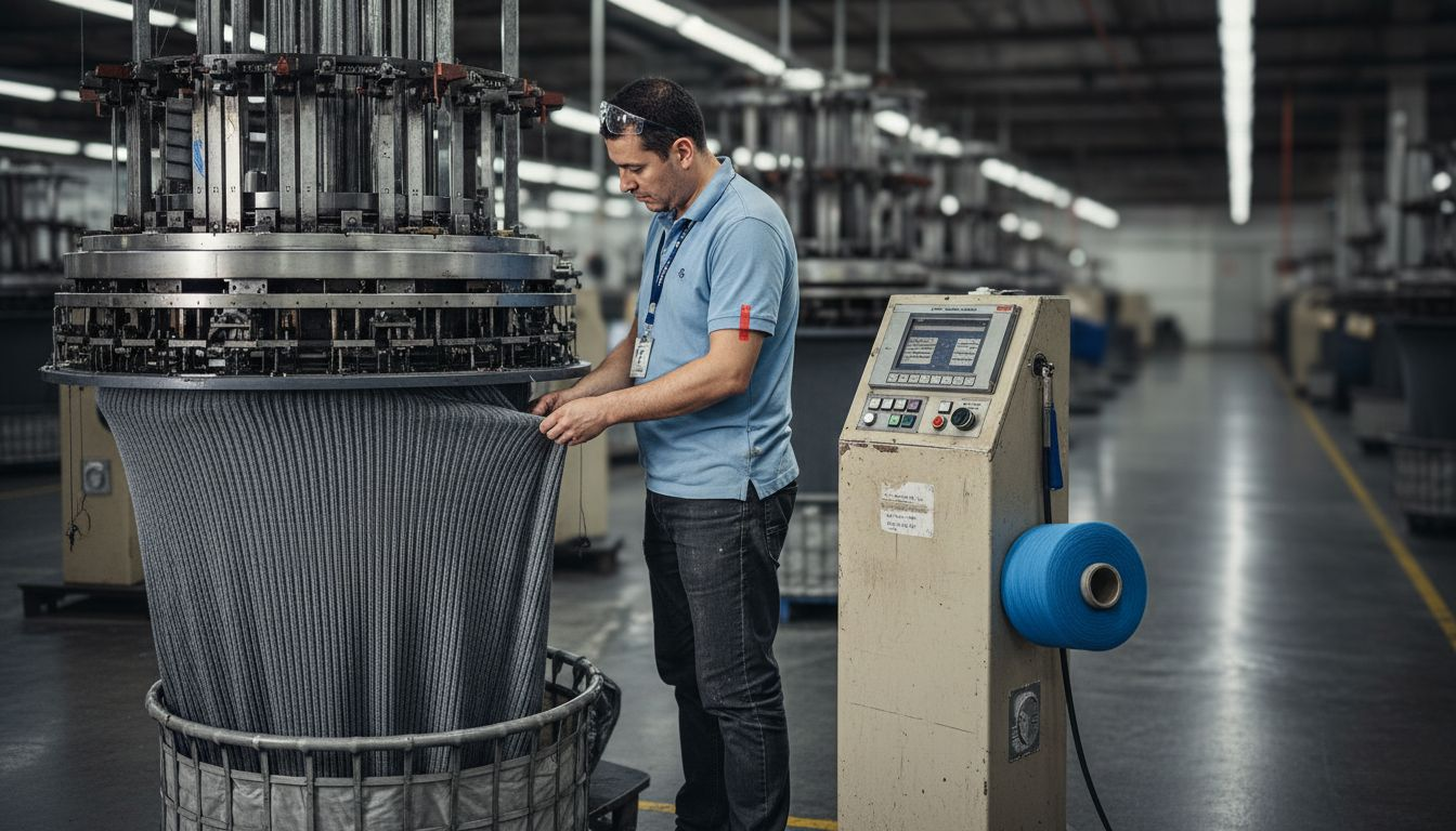 Technician checking double-knit knitting machine