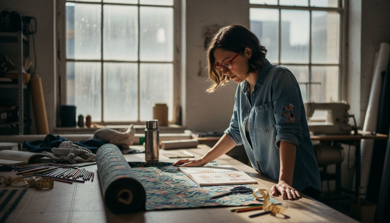 Designer examining patterned fabric in studio