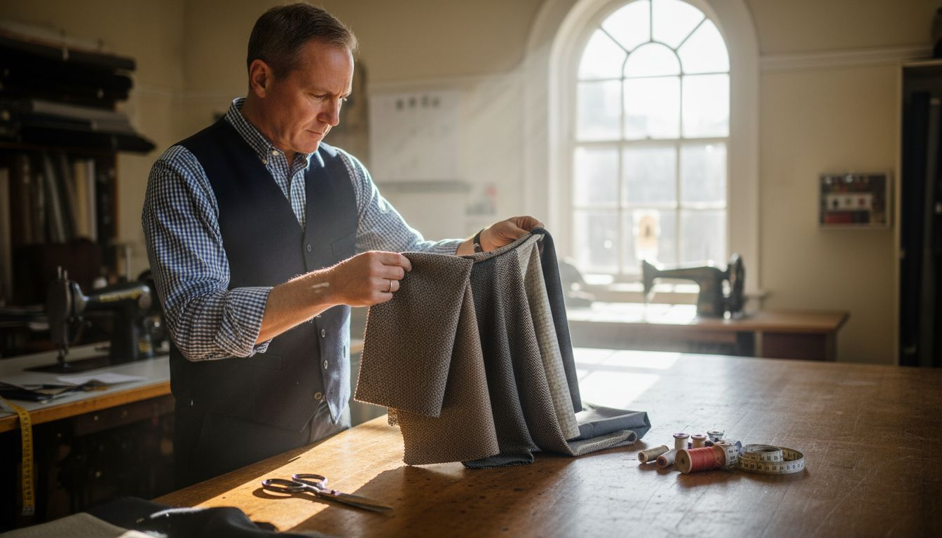 Tailor examines multiple suit fabric samples