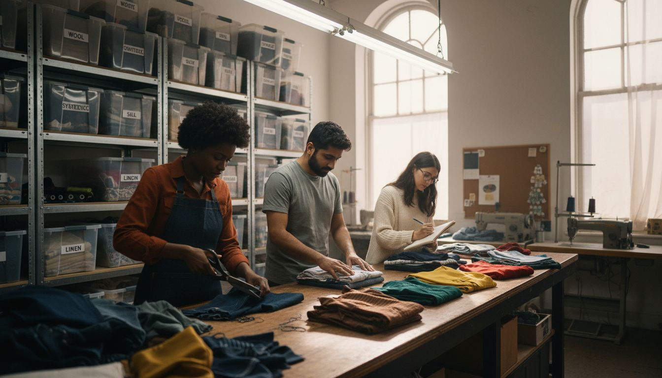 People sorting fabrics for upcycling in workshop