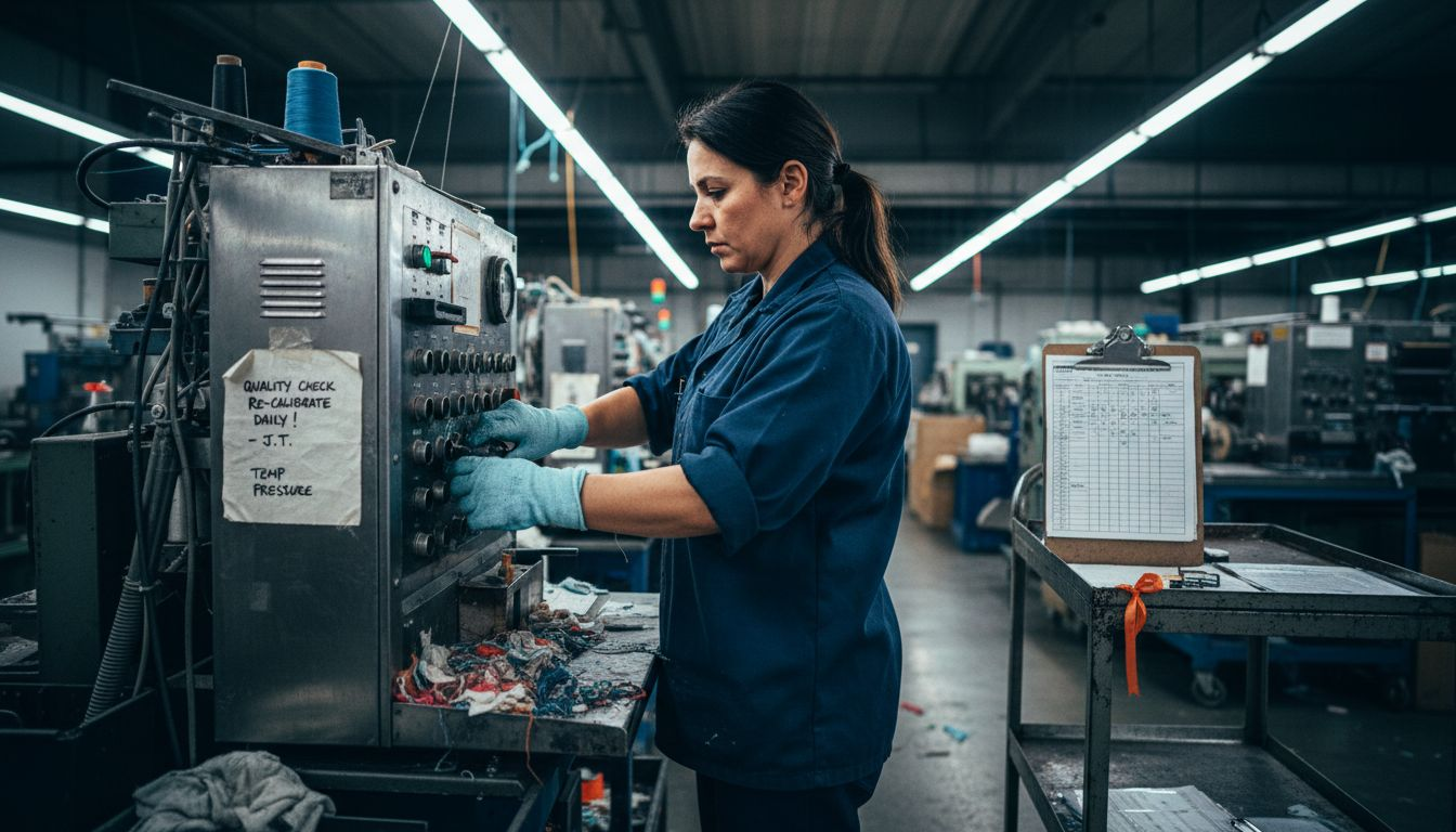 Technician operating small fabric recycling machine
