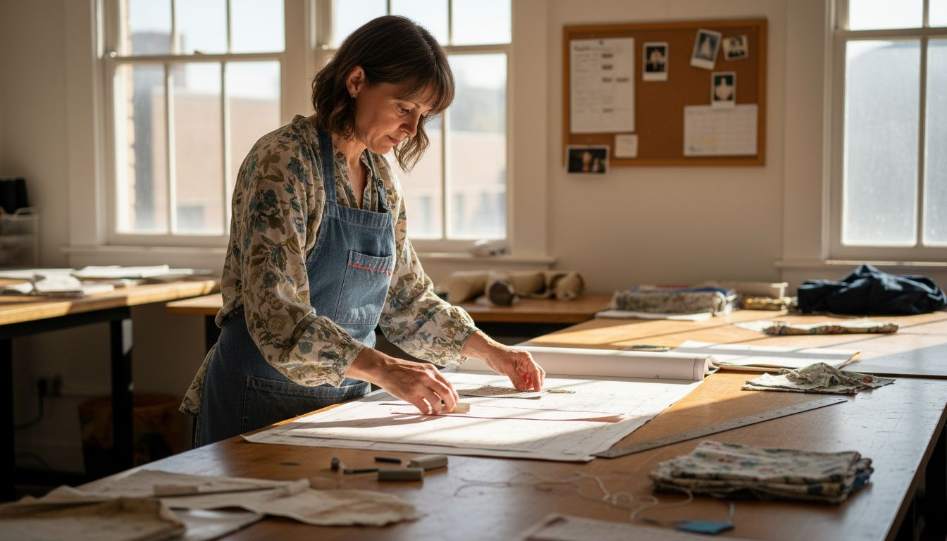 Apparel sewing expert arranging fabric pieces