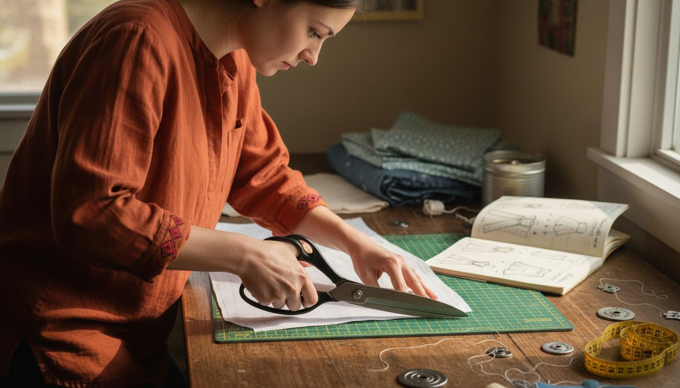 Seamstress cutting fabric with precision tools