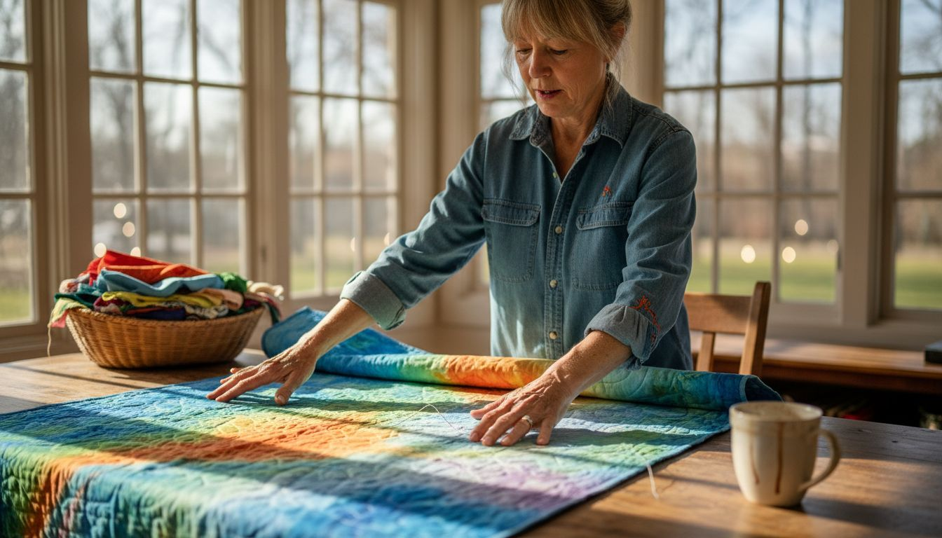 Quilter arranging hand dyed colorful quilt