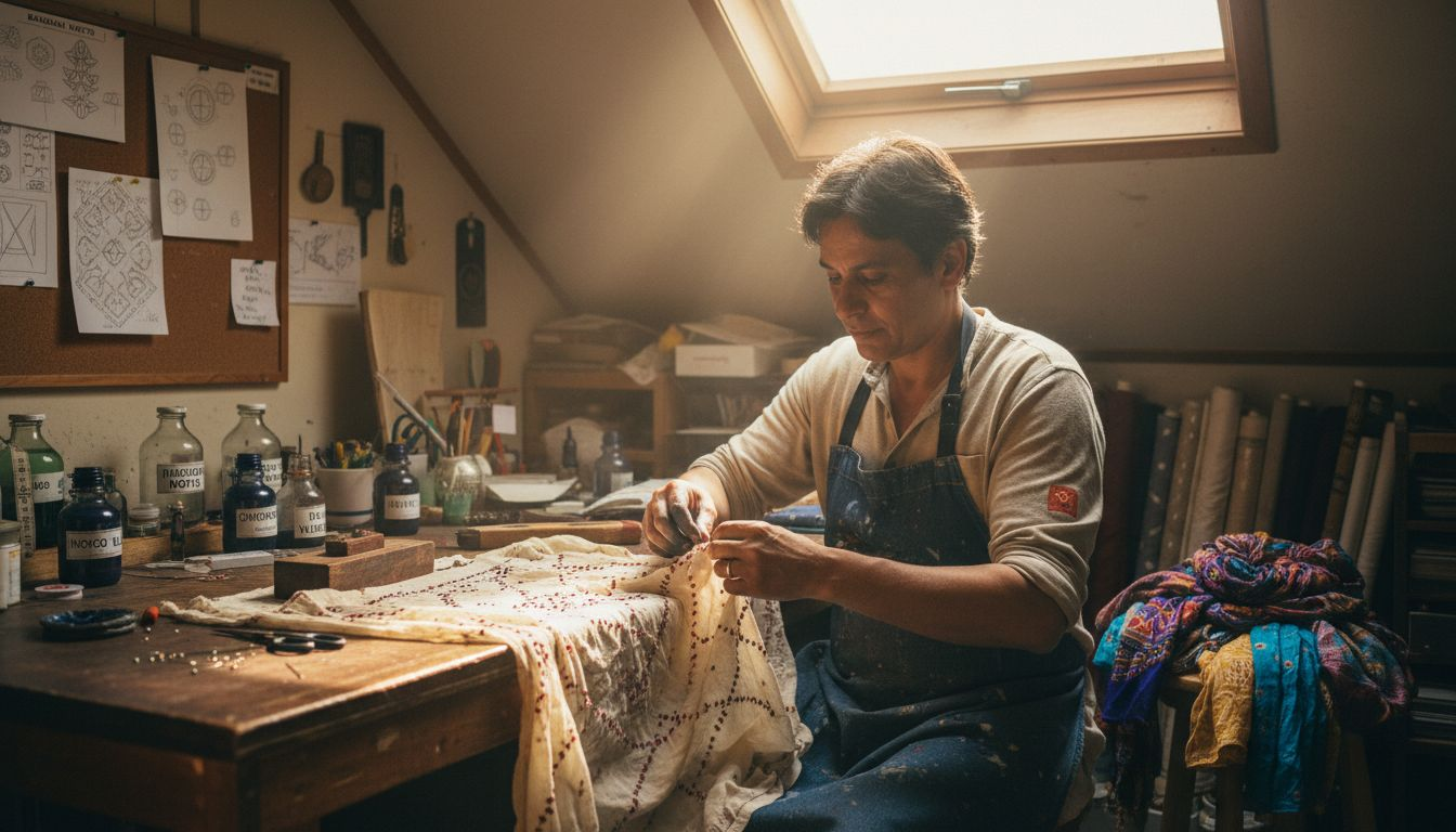 Artisan creating bandhani tie-dye fabric