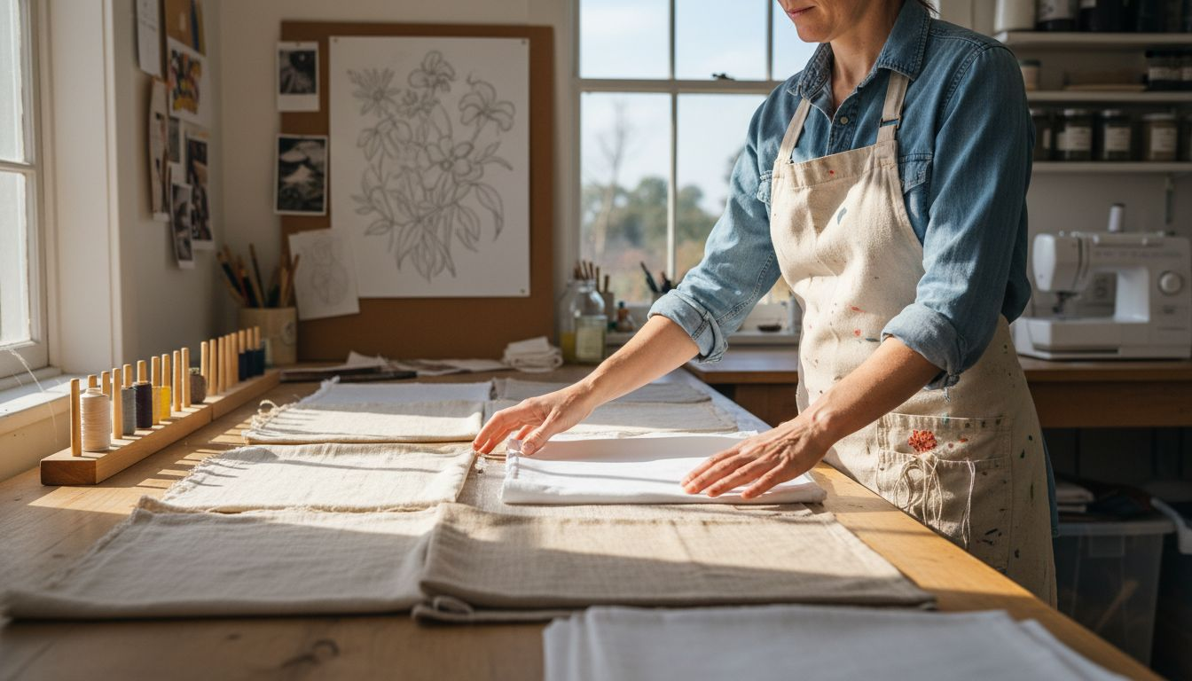 Designer compares cotton fabric swatches in studio