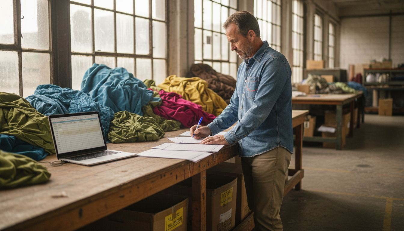 Textile manager checking fabric inventory workspace