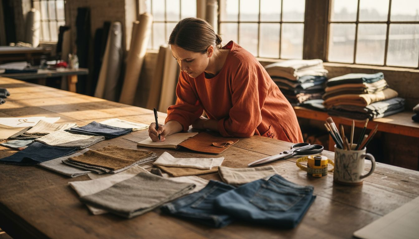 Designer reviewing specialty fabric swatches in studio