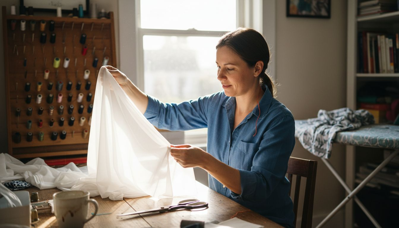 Crafter working with voile fabric at table