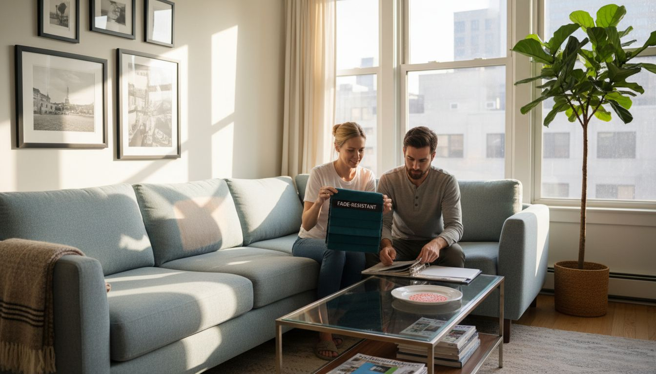 Couple selecting fade-resistant fabric samples