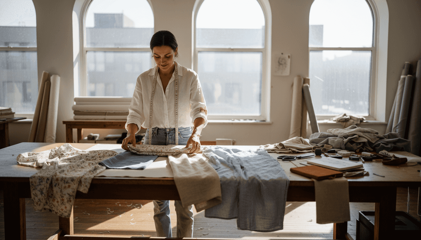 Fashion designer sorting lightweight summer fabrics