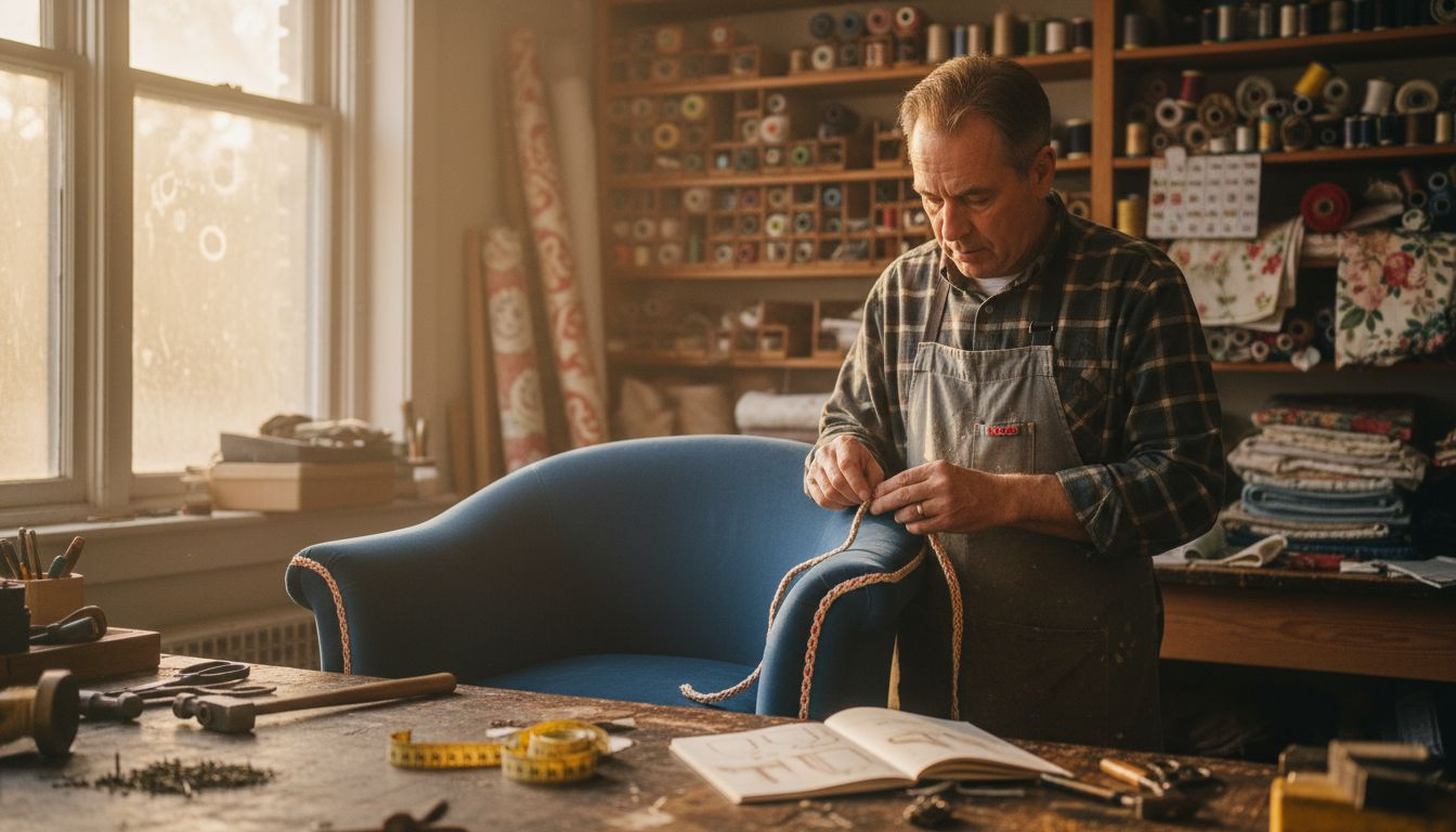 Upholsterer applies decorative trim to velvet chair