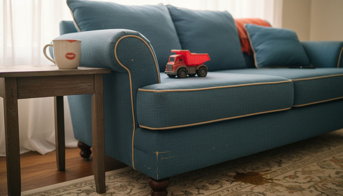 Sofa armrest piping trim detail closeup