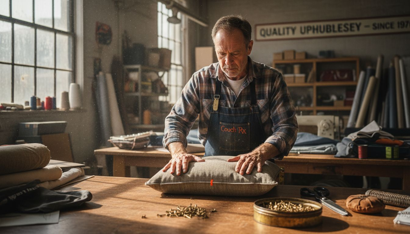 Upholstery technician inspects backed fabric in workshop
