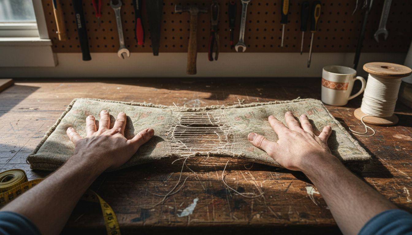 Hands stretching upholstery fabric with fraying edges
