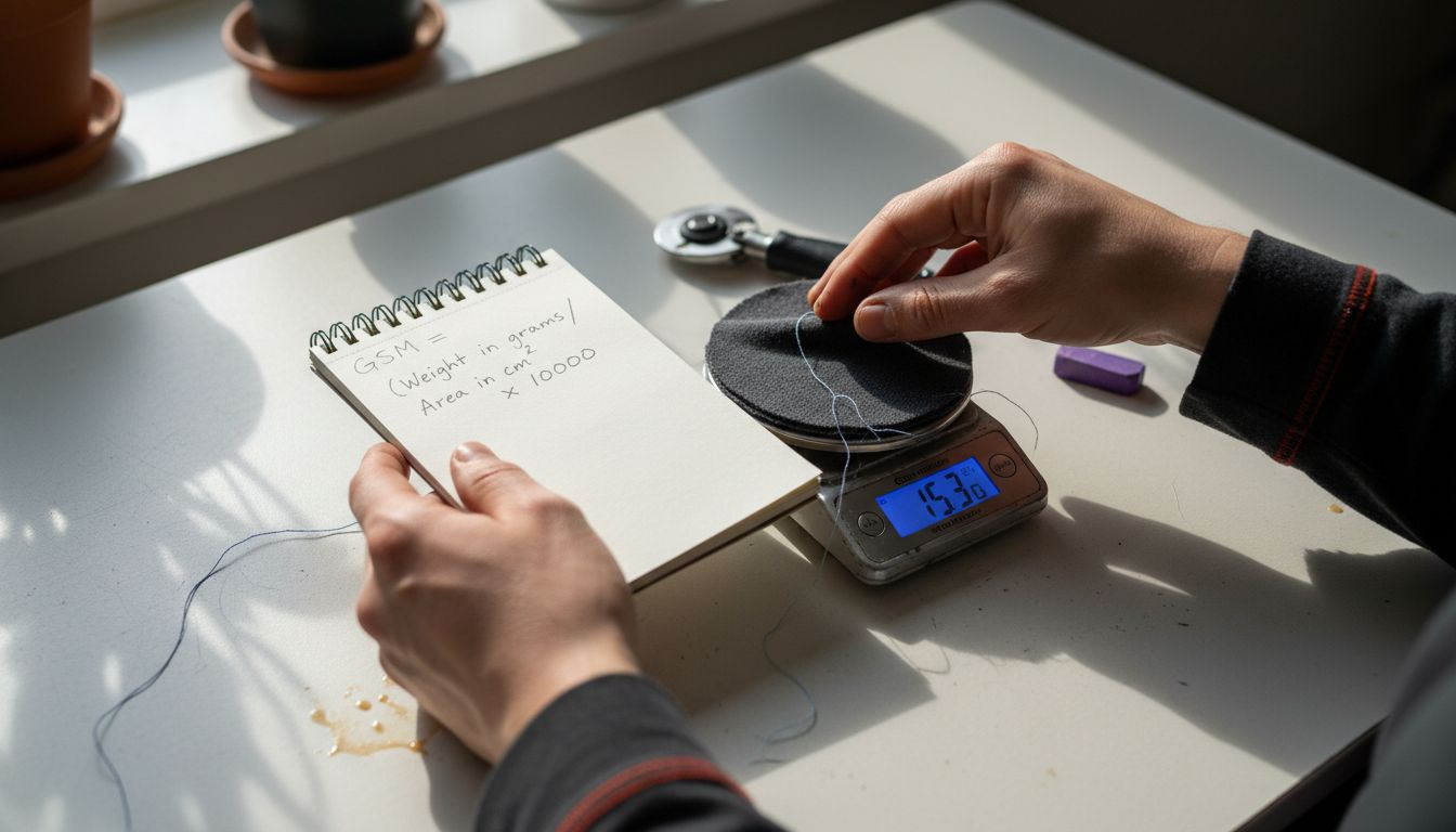 Fabric sample weighed for GSM at table